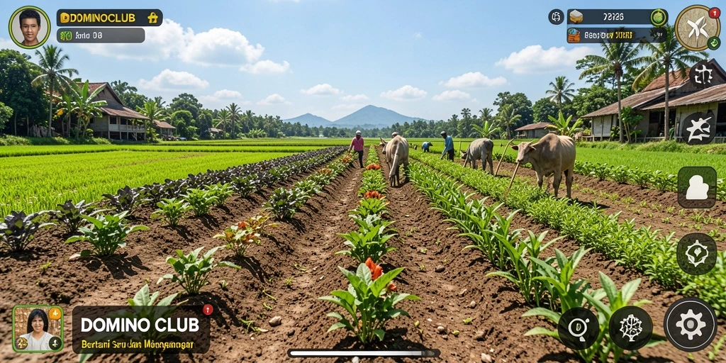 Screenshot gameplay DOMINOCLUB menampilkan kebun yang subur dan berbagai tanaman.