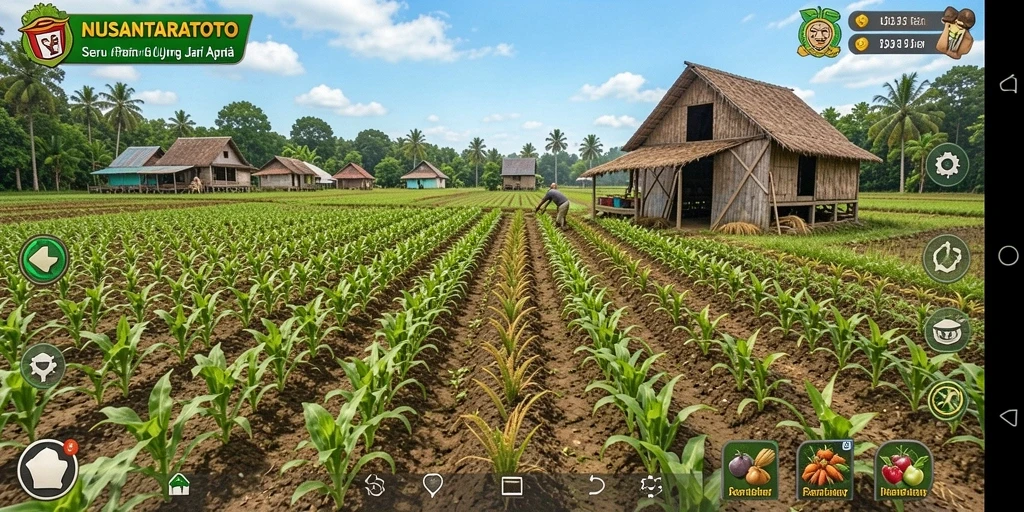 Screenshot gameplay NUSANTARATOTO menampilkan pertanian yang subur dan aktivitas seru.
