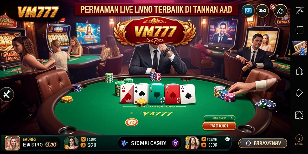 Screenshot VM777 menampilkan dealer langsung dalam permainan Live Casino yang seru.